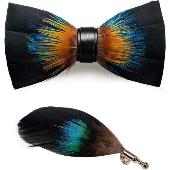 Handmade Feather Pre-tied Bow tie Teal Black - Picture 2 of 5